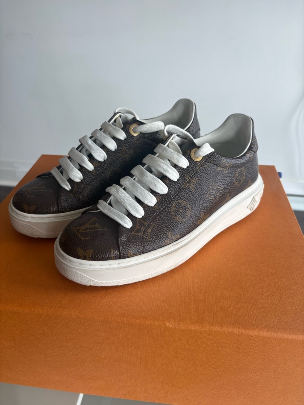 Authentic Louis Vuitton Brown Monogram Low-Top Sneakers with White Soles